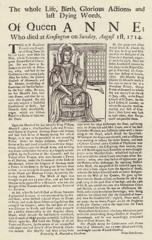 Broadside publikoval o smrti královny Anny od English School