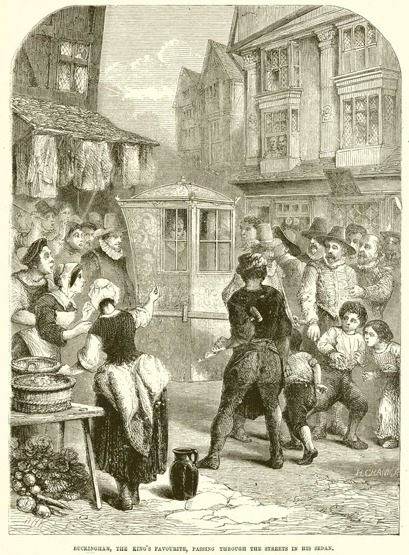 Buckingham, králův oblíbenec, projíždějící ulicemi ve svém sedanu od English School