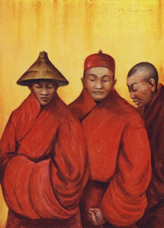 Buddhističtí mniši v kloboucích. (barevná litografie) od English School