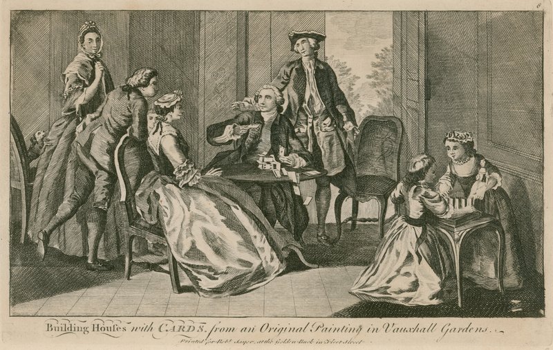 Stavění domů s kartami z originálního obrazu ve Vauxhall Gardens v Londýně od English School