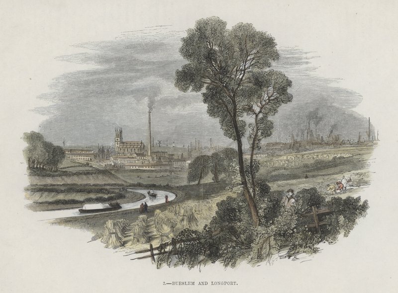 Burslem a Longport, Staffordshire (barevná rytina) od English School