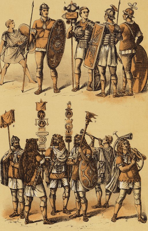 Caesar, Galská válka: římští vojáci (barevná litografie) od English School