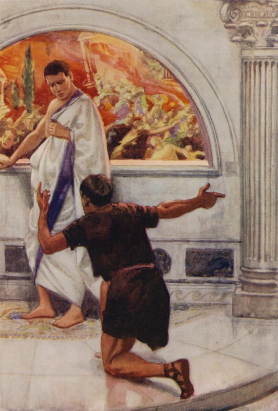 Klidný a nebojácný Plinius se jde vykoupat, zatímco Pompeje se řítí do záhuby (barevná litografie) od English School