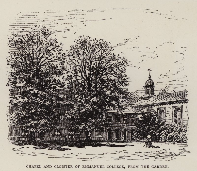 Cambridge: Kaple a klášter Emmanuel College, ze zahrady (lept) od English School