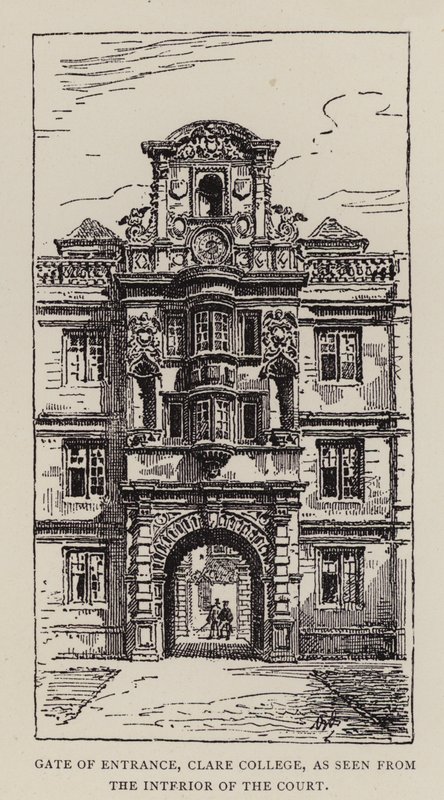 Cambridge: Gate of Entrance, Clare College, při pohledu z vnitřku dvora (lept) od English School