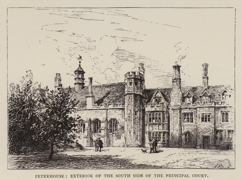 Cambridge: Peterhouse, exteriér jižní strany hlavního soudu (lept) od English School