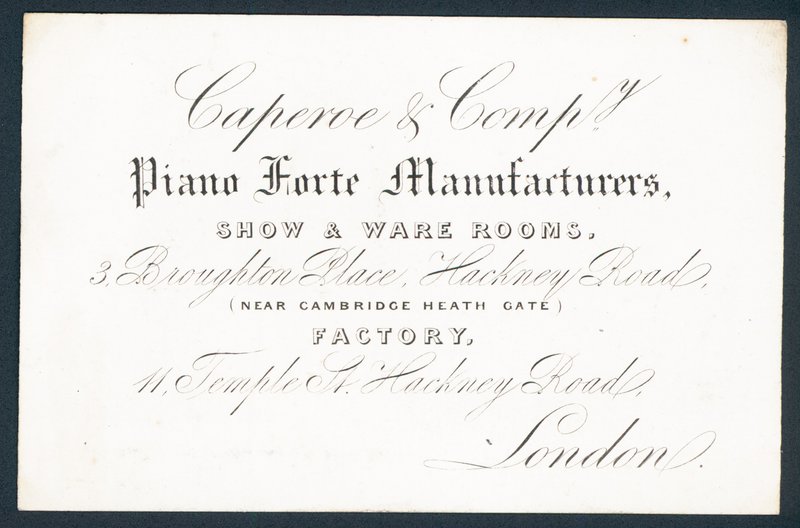 Caperoe & Company, výrobci piano forte, obchodní karta od English School