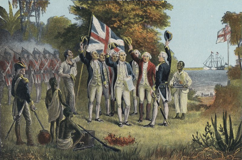 Kapitán Cook přebírá držení Austrálie (barevné lito) od English School