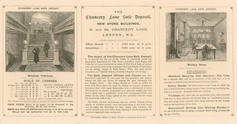 Karta inzerující bezpečný vklad Chancery Lane, 61-62 Chancery Lane, Londýn od English School
