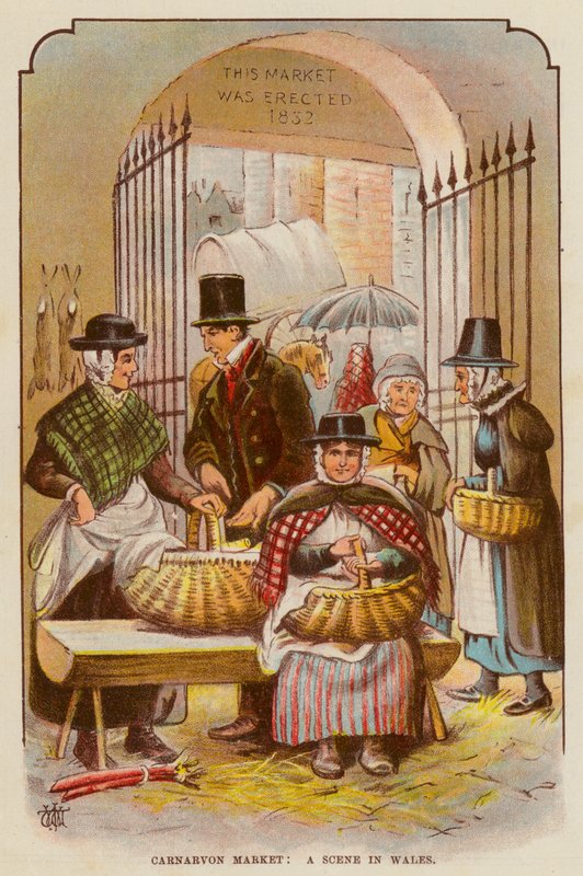 Carnarvon Market, Scéna ve Walesu (barevné lito) od English School