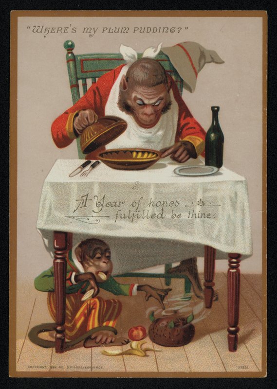 Karikatura opic a švestkový pudink, novoroční přání. (chromolitho) od English School