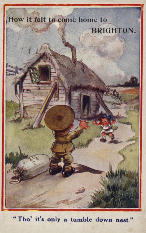 Kreslená propagandistická pohlednice malého chlapce, vojáka, který se vrací k dívce a zničený domov od English School