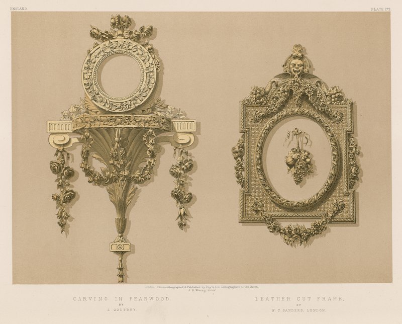 Carving in Pearwood od L Godfreye; Leather Cut Frame od W C Sanders, Londýn od English School