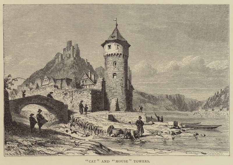 "Kočičí" a "myší" věže (rytina) od English School