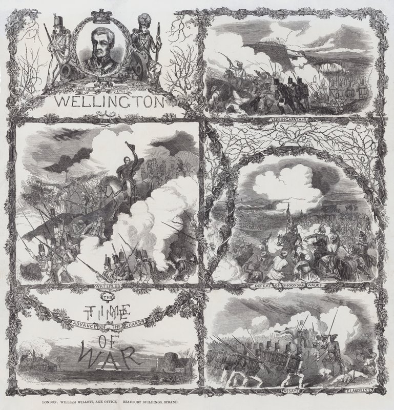 Oslava vítězství vévody z Wellingtonu při obléhání Seringapatamu (1799), porážce u Dhondia Wagh (1800), bitvě u Assaye (1803) a bitvě u Waterloo (1815) (rytina). od English School