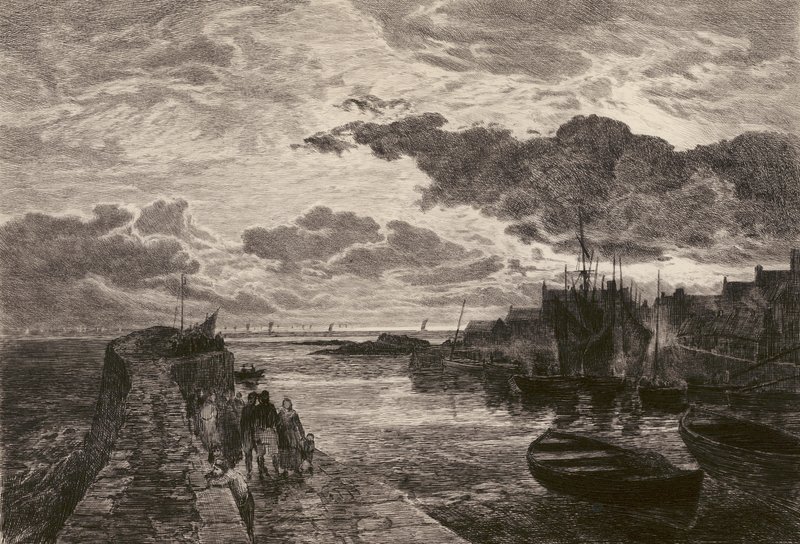 Cellardyke Harbour, lept Chauvel, podle Sama Bougha (litografie) od English School