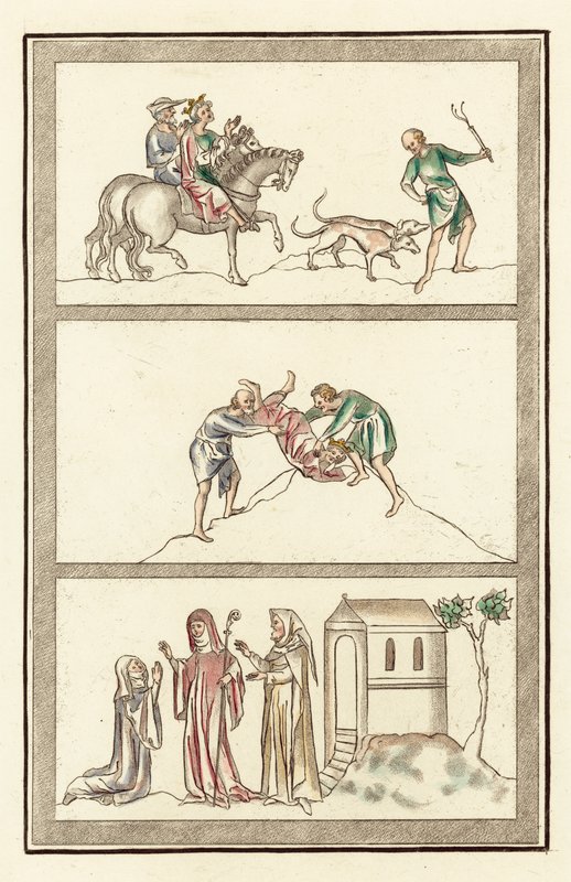 Cenelm, král Mercie, lov, vražda krále, abatyše, jeptišky a anachorita (barevná rytina) od English School
