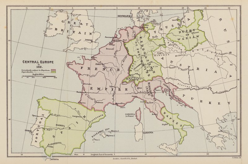Střední Evropa v roce 1812 (barevná litografie) od English School