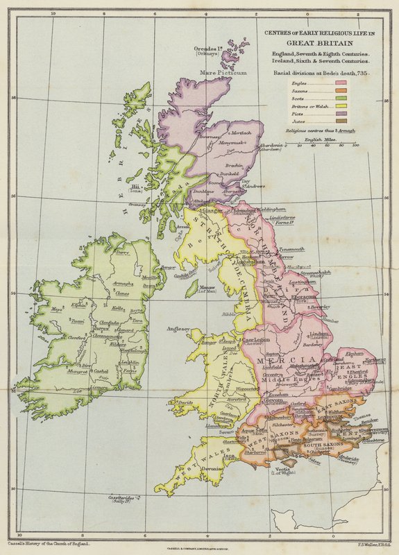 Centra raného náboženského života ve Velké Británii (barevná litografie) od English School