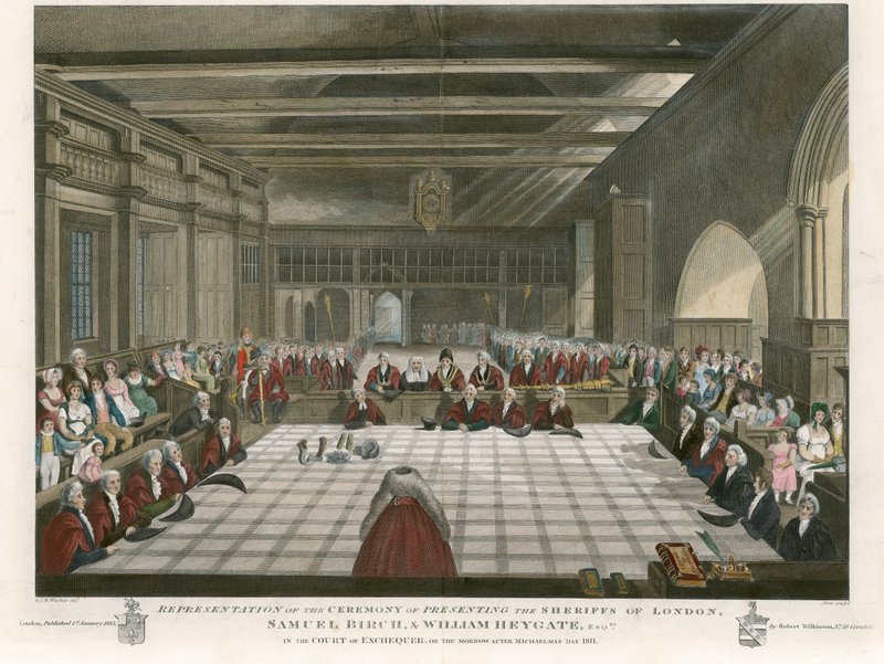 Ceremoniál představení londýnských šerifů, Samuela Birche a Williama Heygatea, na dvoře státní pokladny, zítra po Michaelmas Day, 1811 od English School