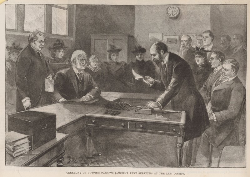 Ceremoniál řezání otep (starobylé nájemní služby) u soudního dvora od English School