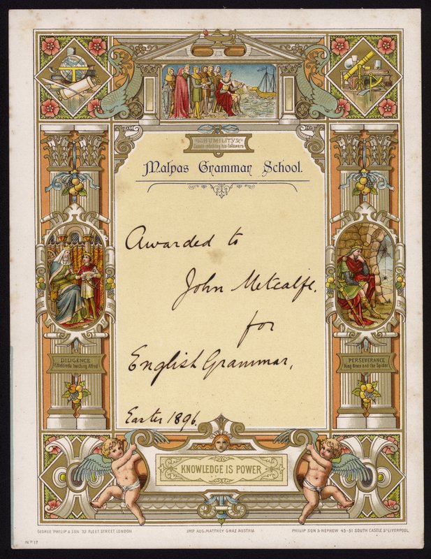 Certifikát za anglickou gramatiku udělený žákovi Malpas Grammar School, Cheshire od English School