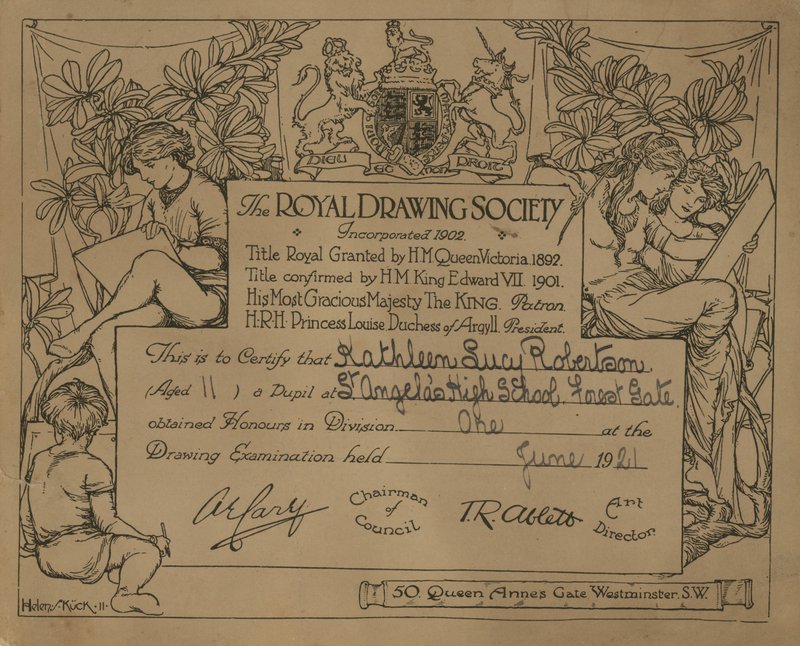 Certifikát udělený Royal Drawing Society od English School