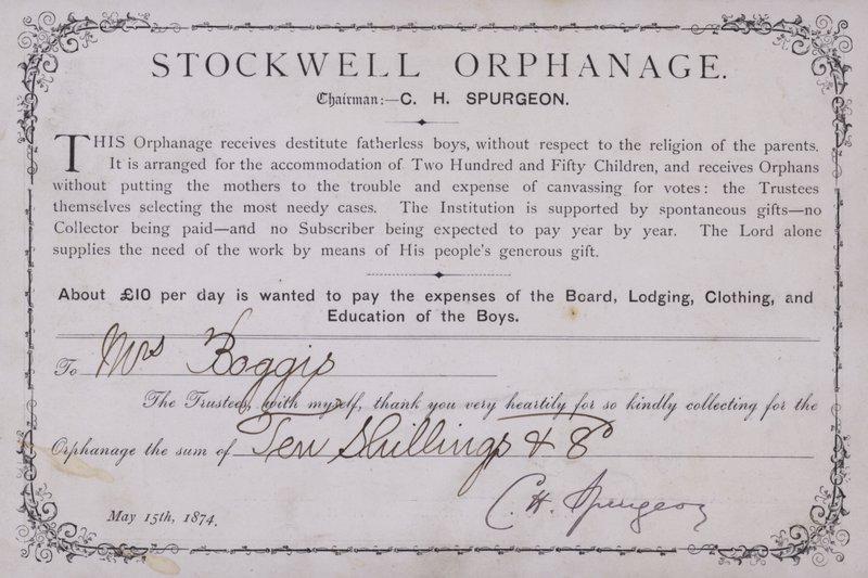 Poděkování za dar sirotčinci Stockwell, Londýn, 1874 od English School