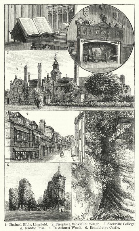 Spoutaná Bible, Lingfield; Krb, Sackville College; Sackville College; Střední řada; V Ashurst Wood; Hrad Brambletye (rytina) od English School