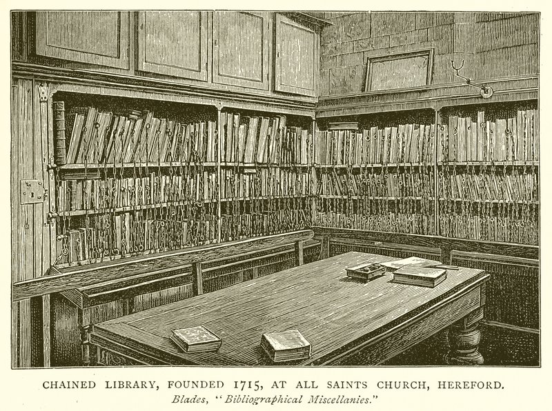 Chained Library, založená v roce 1715, v kostele všech svatých, Hereford od English School