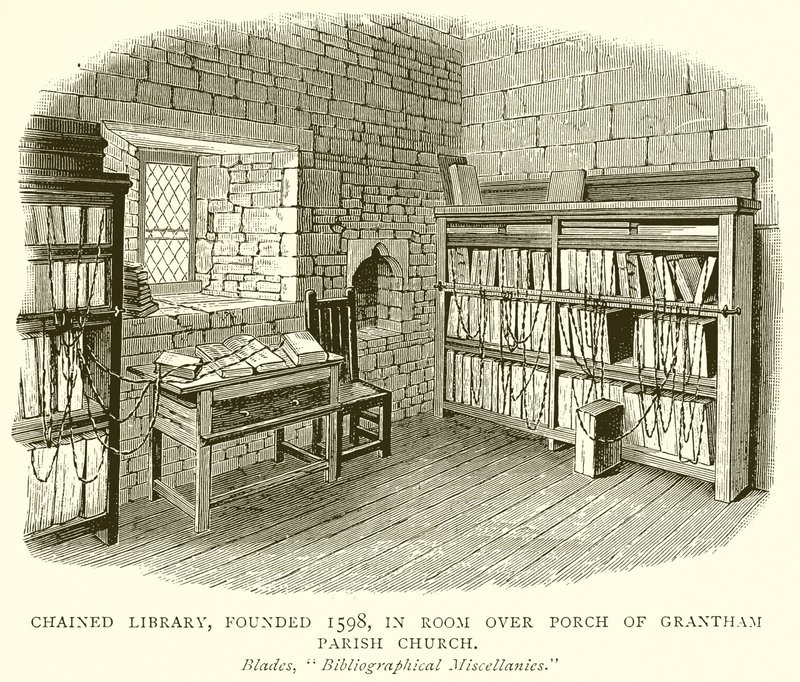 Chained Library, založená 1598, v Room over Porch of Grantham Parish Church od English School