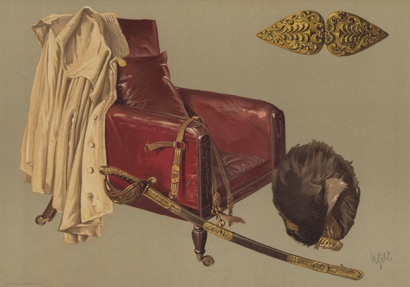 Židle a plášť polního maršála vévody z Wellingtonu s medvědí kůží a mečem granátnických gard (chromolitho) od English School