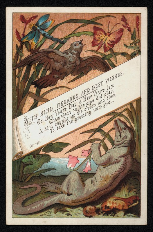 Chameleon s veršem a ptákem, novoroční přání. (chromolitho) od English School