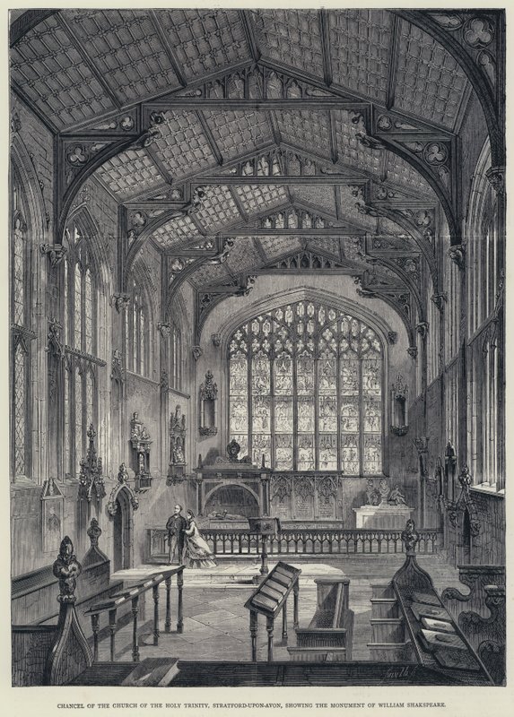 Kněžiště kostela Nejsvětější Trojice, Stratford-upon-Avon, zobrazující pomník Williama Shakspeara (rytina) od English School