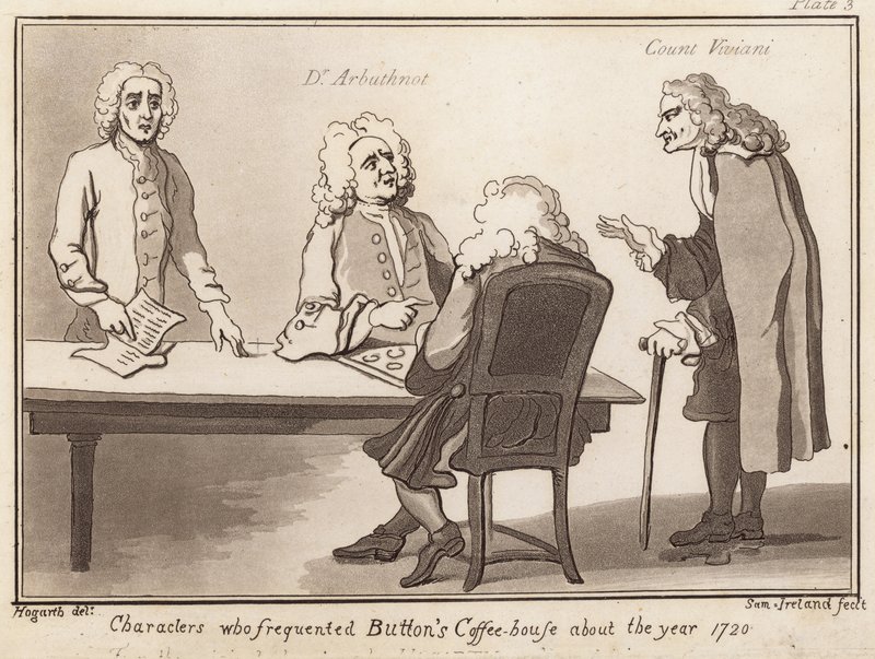Postavy, které navštěvovaly Buttons Coffee House kolem roku 1720: Dr Arbuthnot, hrabě Viviani od English School