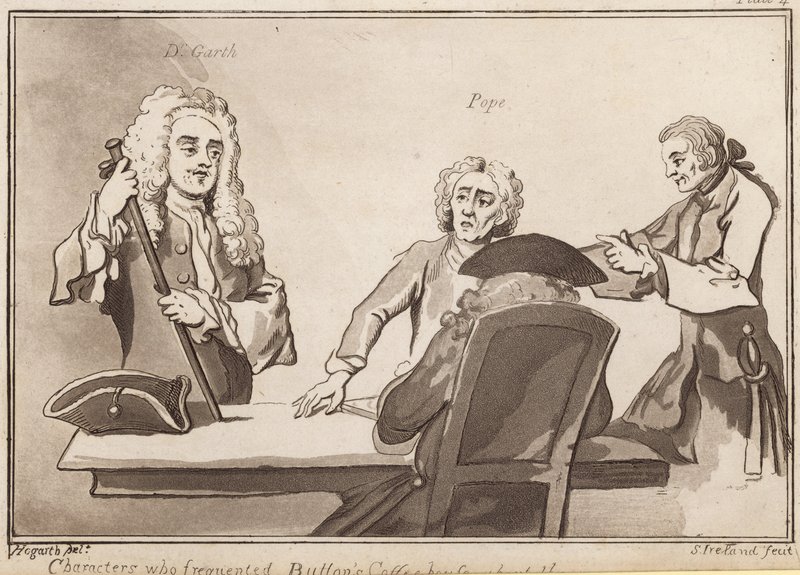Postavy, které navštěvovaly Buttons Coffee House kolem roku 1720: Dr Garth, Pope od English School
