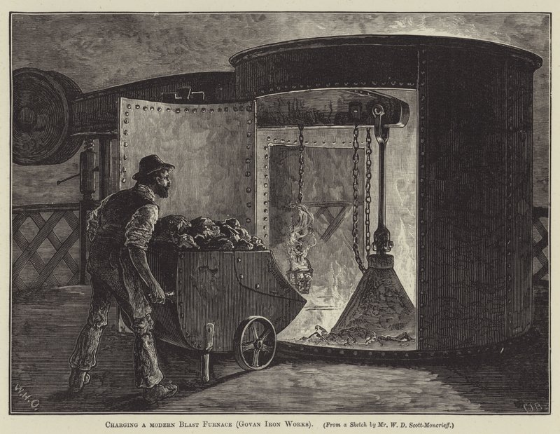Nabíjení moderní vysoké pece (Govan Iron Works) (rytina) od English School