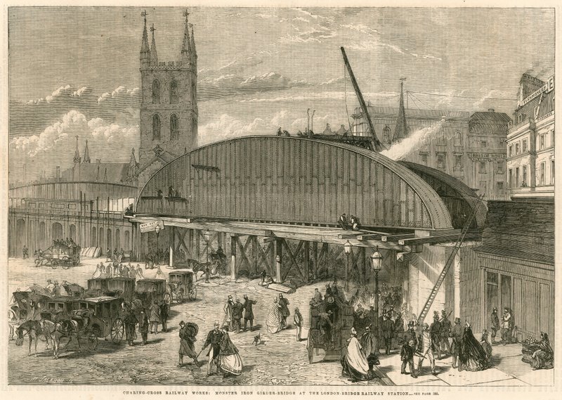 Práce na Charing Cross Railway: monstrózní železný trámový most na nádraží London Bridge od English School