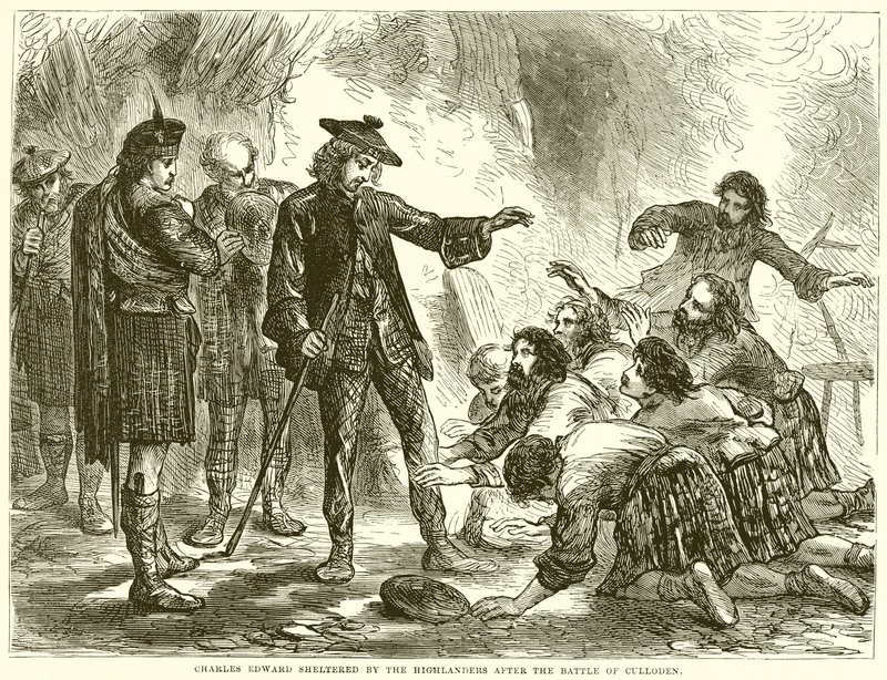 Charles Edward chráněný Highlanders po bitvě u Cullodenu od English School