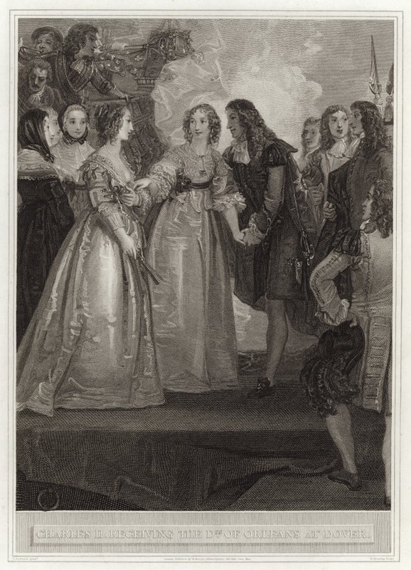 Charles II přijímá vévodkyni z Orleansu v Doveru od English School