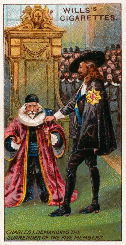 Karel I. požadující kapitulaci pěti členů od English School