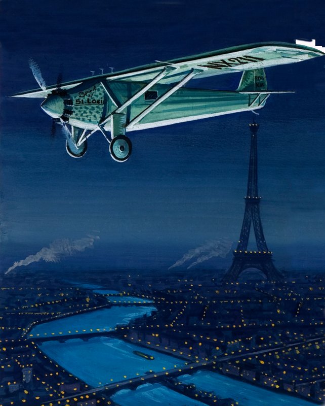 Jednoplošník Ryan Charlese Lindbergha, Spirit of St Louis, letící nad Paříží od English School