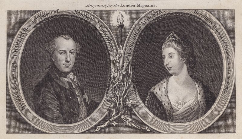 Charles William Ferdinand, vévoda z Brunswicku, a jeho manželka, princezna Augusta, sestra krále Jiřího III (rytina) od English School