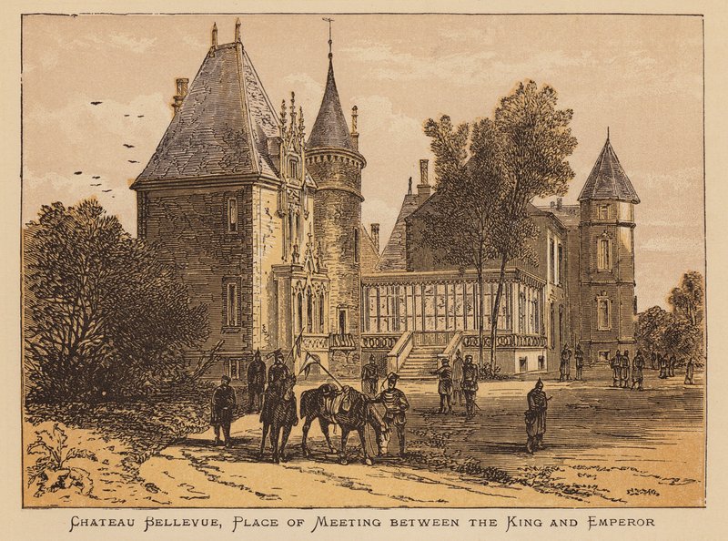 Zámek Bellevue, místo setkání krále a císaře (kolorovaná rytina) od English School