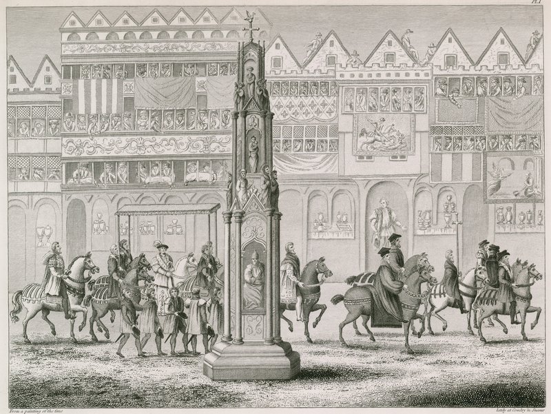 Cheapside Cross, jak se objevil v roce 1547 od English School