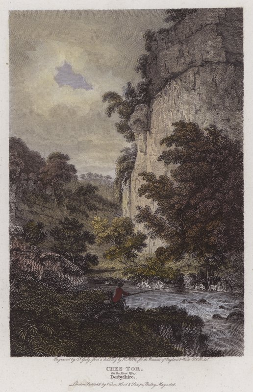 Chee Tor, na řece Wye, Derbyshire (barevná rytina) od English School