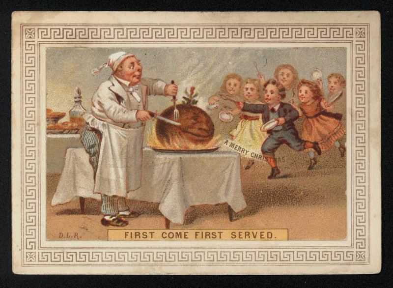 Šéfkuchař vyřezává švestkový pudink, vánoční přání. (chromolitho) od English School