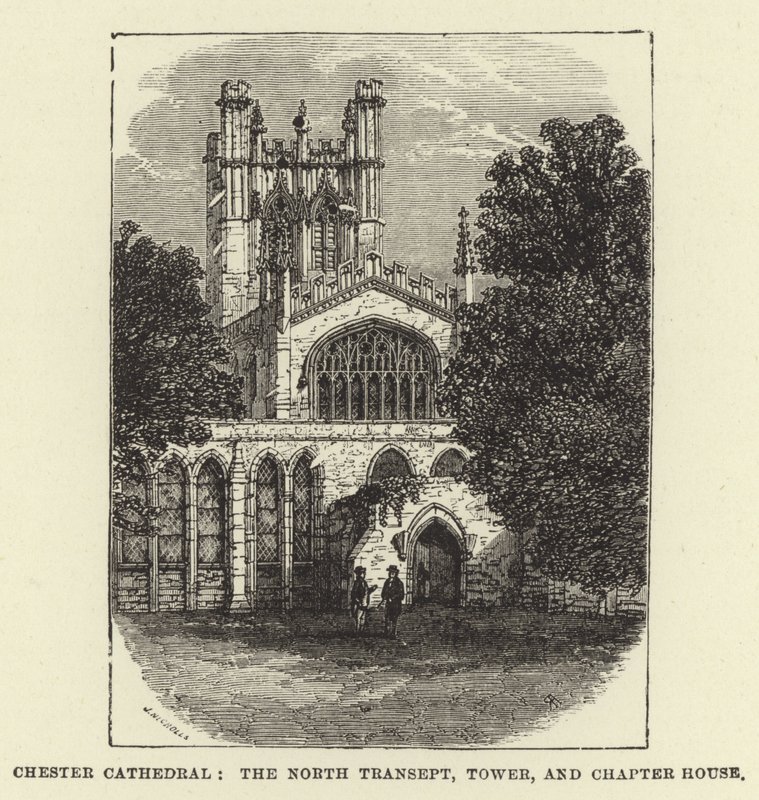 Chesterská katedrála, severní transept, věž a kapitula od English School
