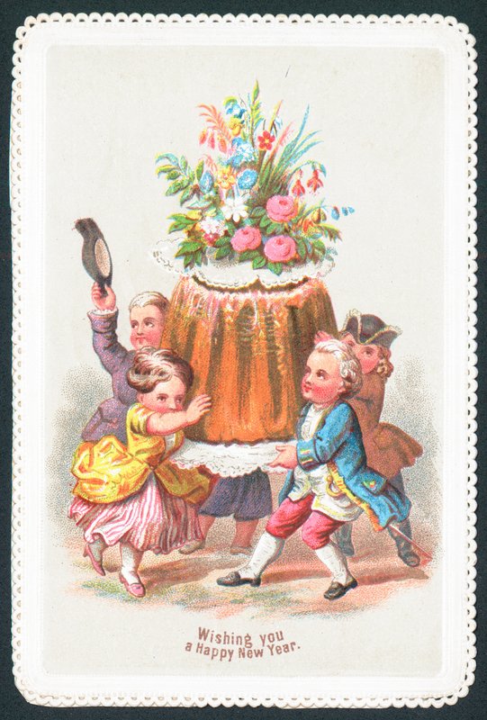 Dětští aristokraté nesoucí pudink, novoroční přání od English School