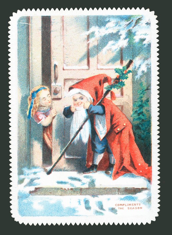 Dítě oblečené jako Santa klepe na dveře, vánoční přání od English School